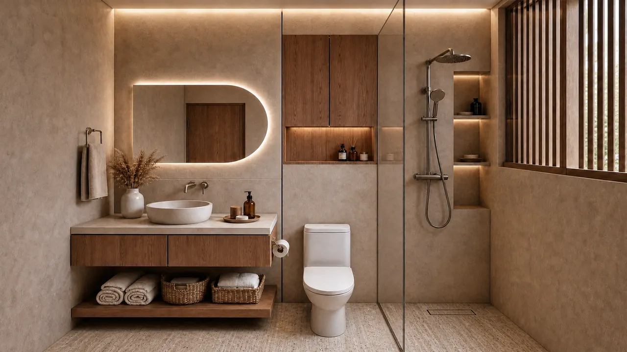 A residence bathroom in plaster with a stone basin and walk-in shower