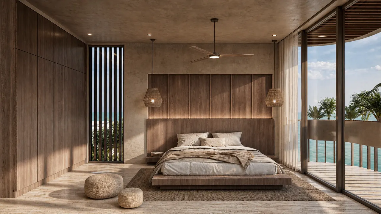 A bedroom opening to a terrace with the sea beyond