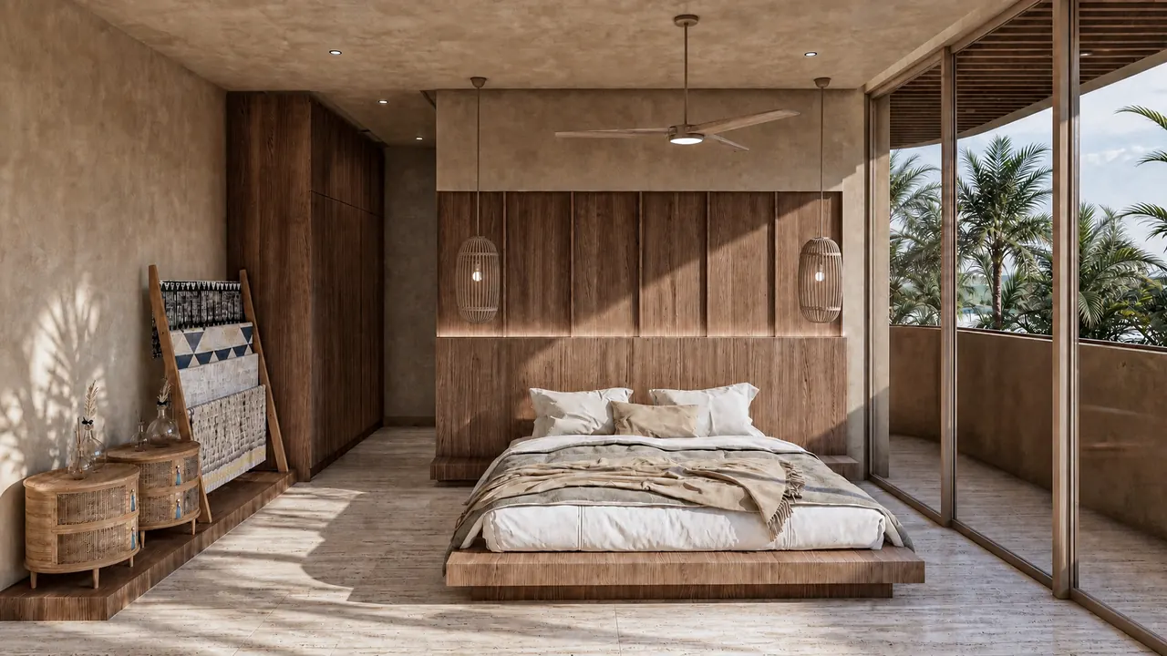 A bedroom with sliding glass doors to a terrace and palms