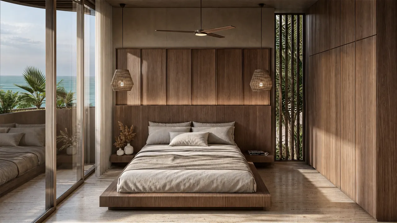 The principal bedroom in the morning, terrace doors open to the sea