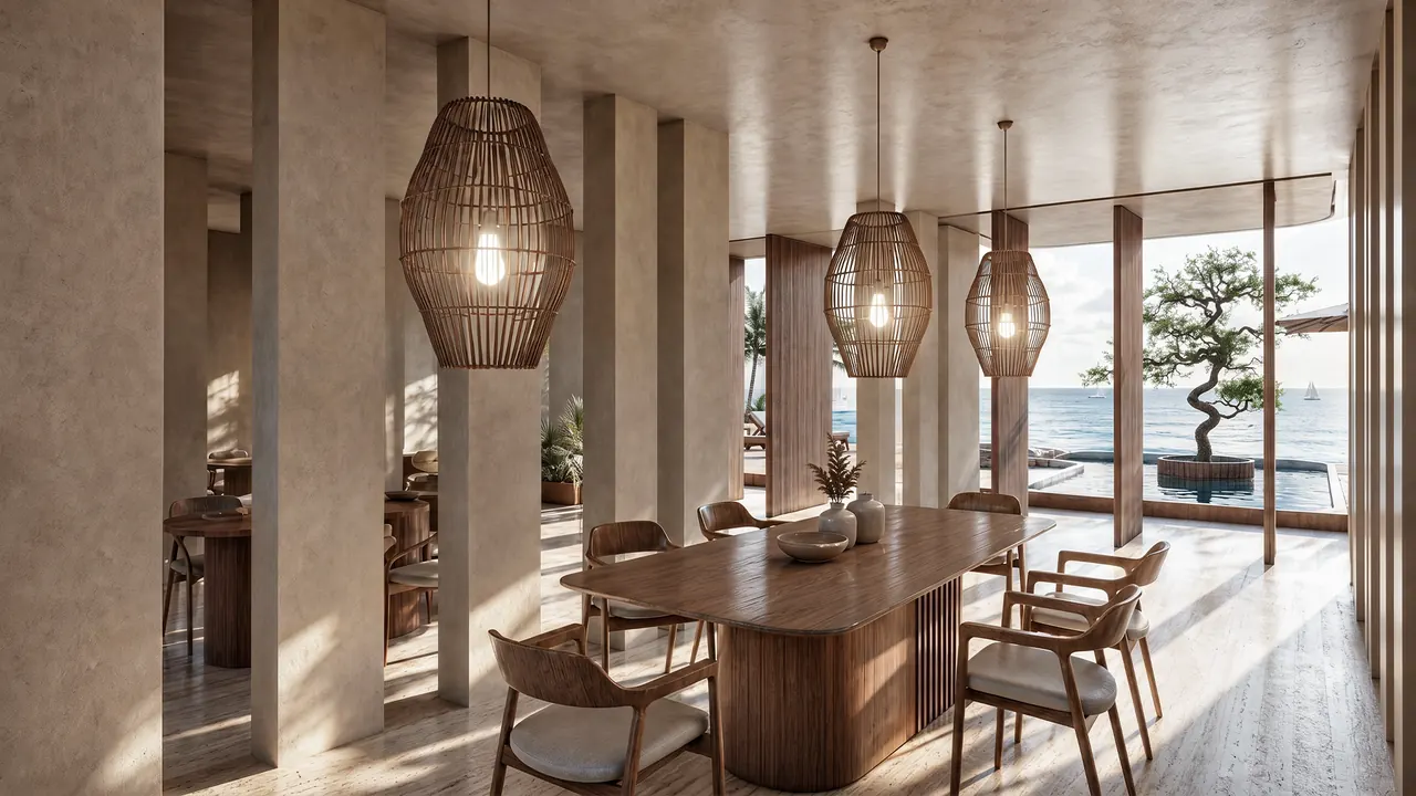 The shared lounge with woven pendants and a view to the water