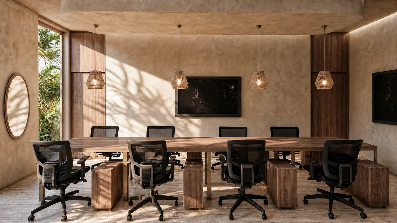 A meeting room in plaster and timber with a view to the garden