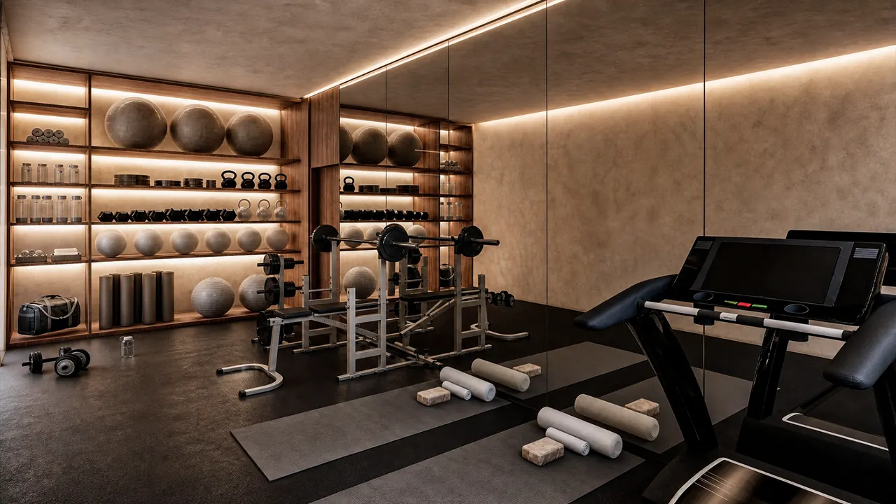 The residents' gym with a treadmill and training equipment