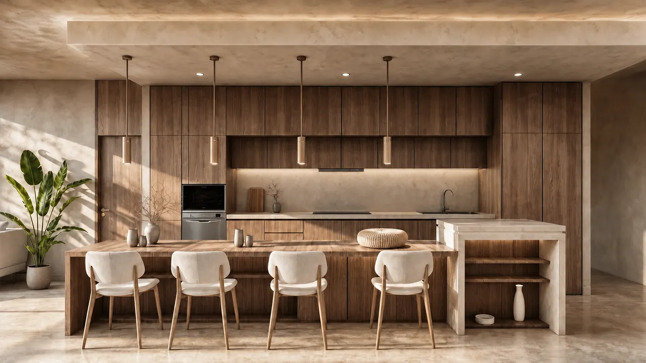 An open kitchen with a timber island and four stools