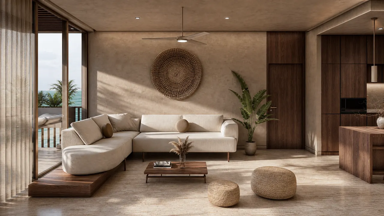 A living room with a linen sofa and a terrace toward the water