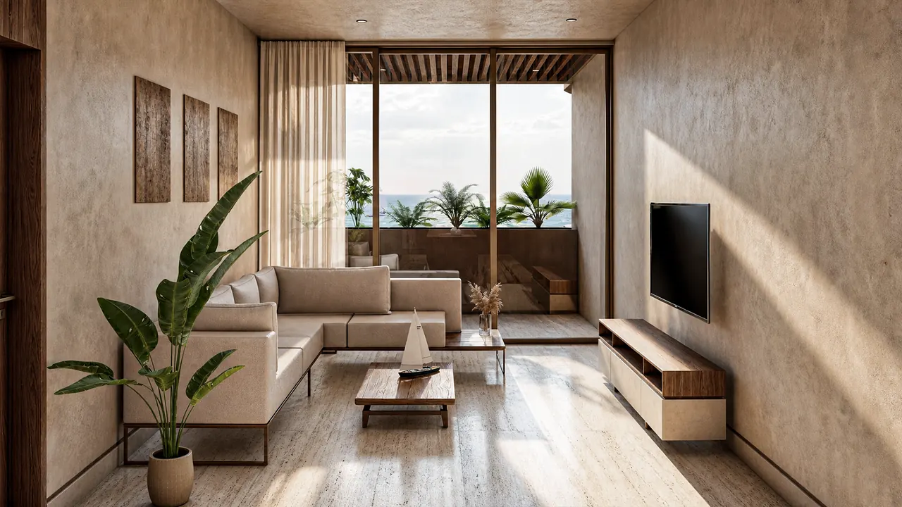 A living room facing a terrace with the sea on the horizon
