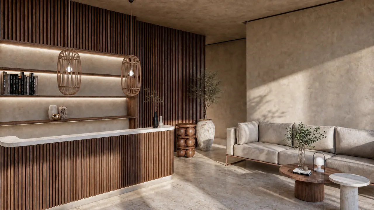 The lobby with a plaster reception desk and woven pendants