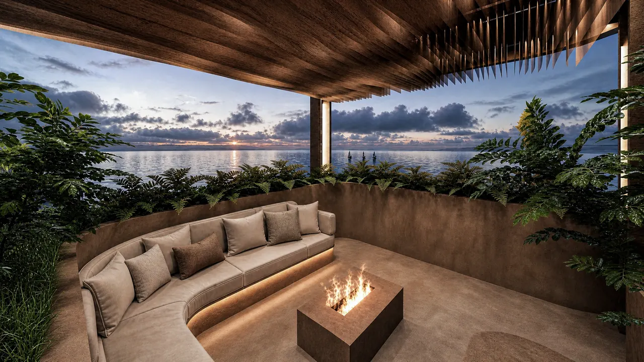 The rooftop lounge after dark, fire lit, the sea behind