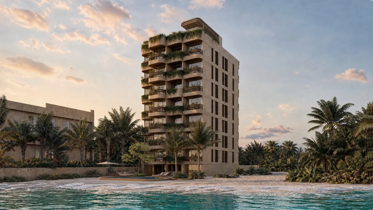 Buongiorno Living Residence seen from the beach, the Caribbean in the foreground